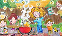 pencil drawing - S'more - young family summer BBQ in backyard of home - CLICK TO EXPAND GRAPHIC