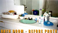 Bathroom before remodeling with propsed color scheme, wall-mural etc.