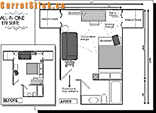 Room furniture layout and color scheme / palette changes - before & after layout